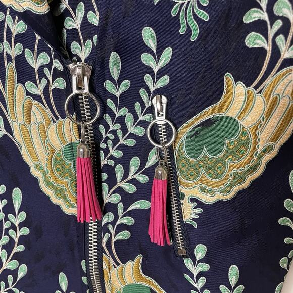 ASOS Blue Green Peacock Jacquard Biker Jacket Artsy Boho Art To Wear US Sz 4 - Picture 14 of 16